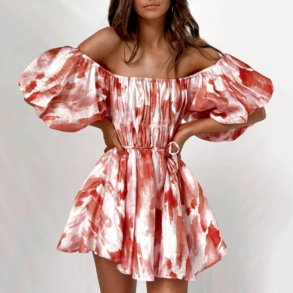 Off The Shoulder Ruffles Mini Printed Pleated Elasticated Puff Sleeve Short Summer Dress
