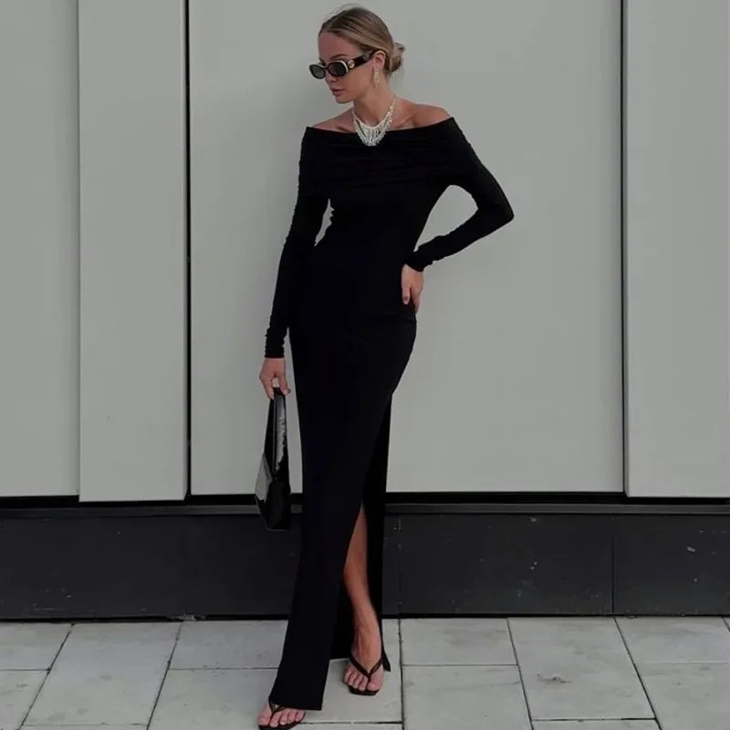 Off Shoulder Long Sleeve Ruched High-Slit Gown