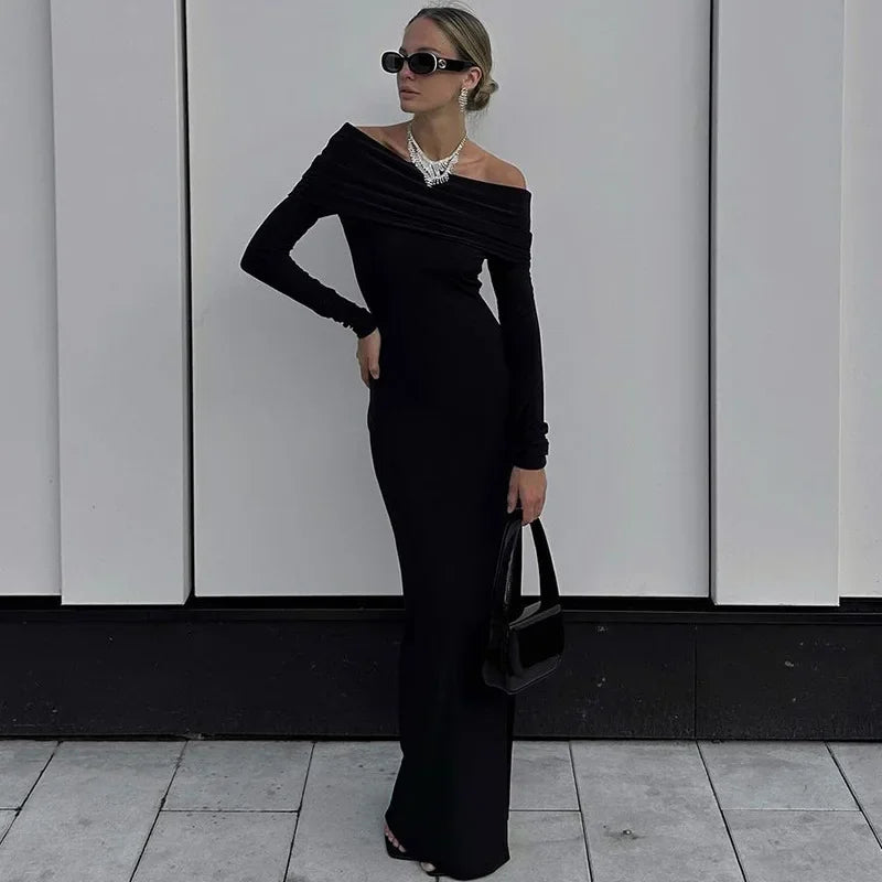 Off Shoulder Long Sleeve Ruched High Split Maxi Dress 6