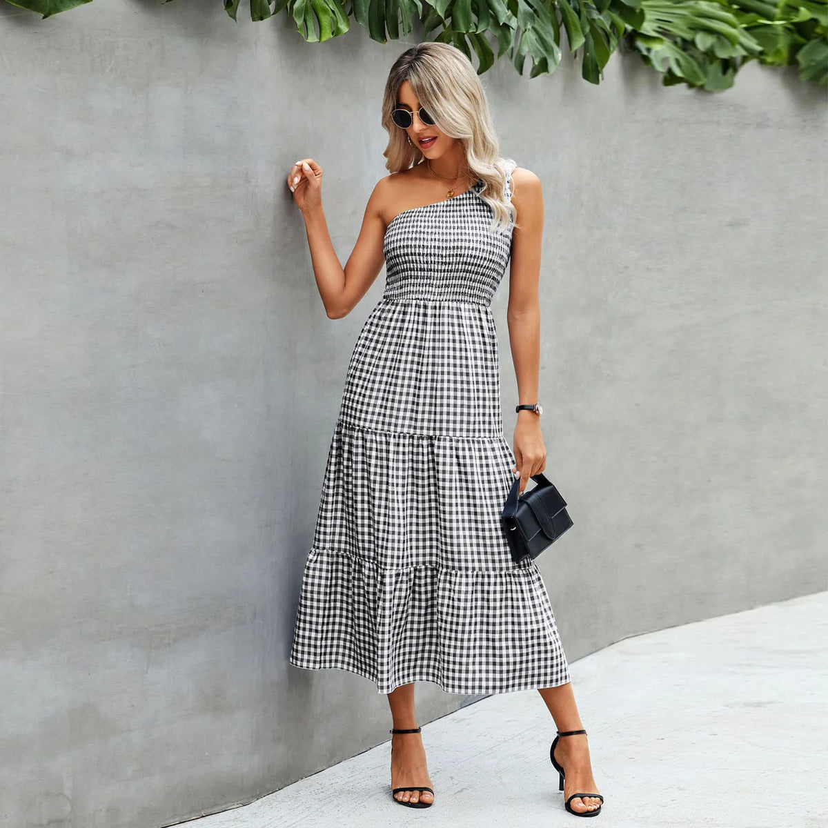 Gingham One Shoulder Sleeveless Tiered Maxi Dress - View 3