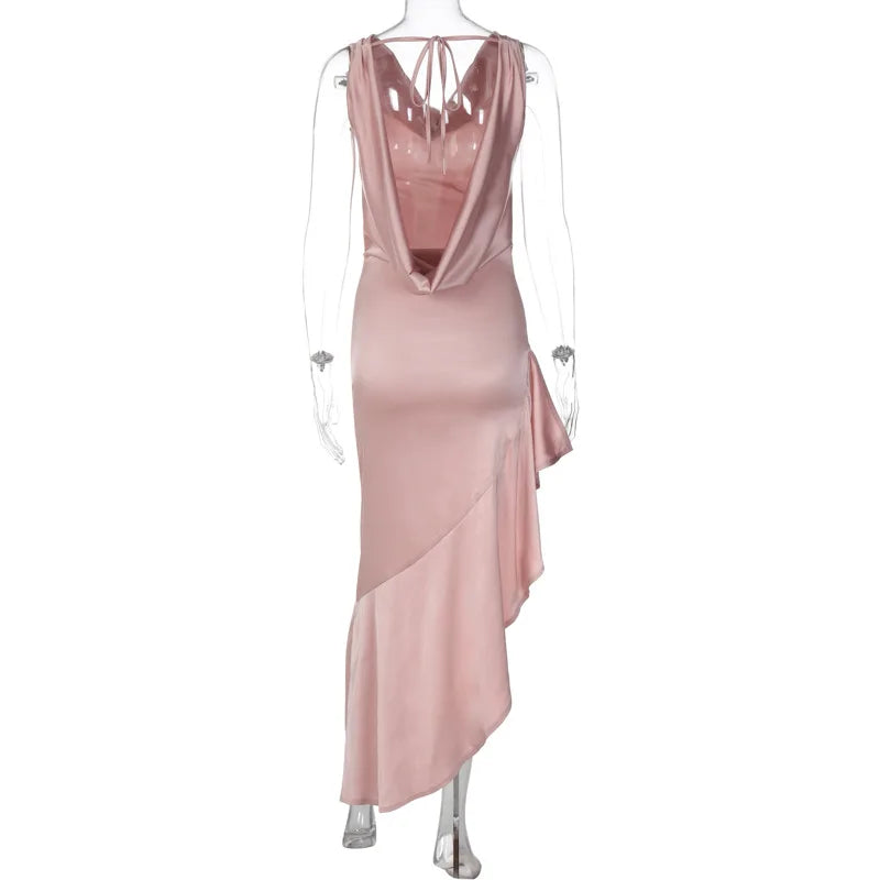 Satin Cowl Neck Sleeveless Side Slit Bodycon Dress