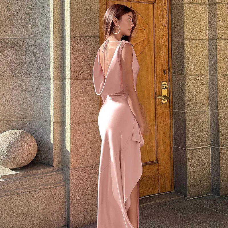 Satin Cowl Neck Sleeveless Side Slit Bodycon Dress
