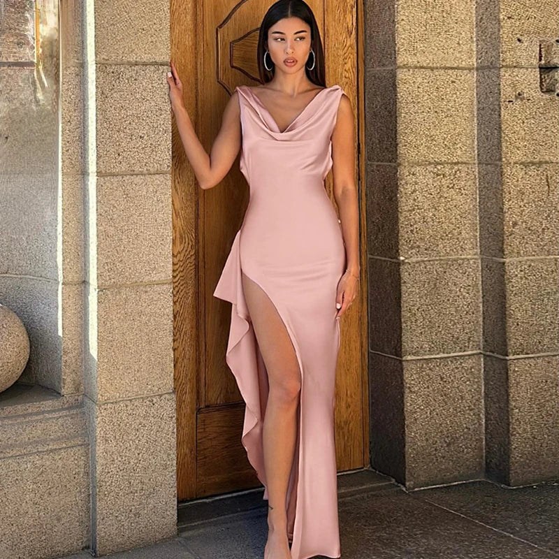 Satin Cowl Neck Sleeveless Side Slit Bodycon Dress