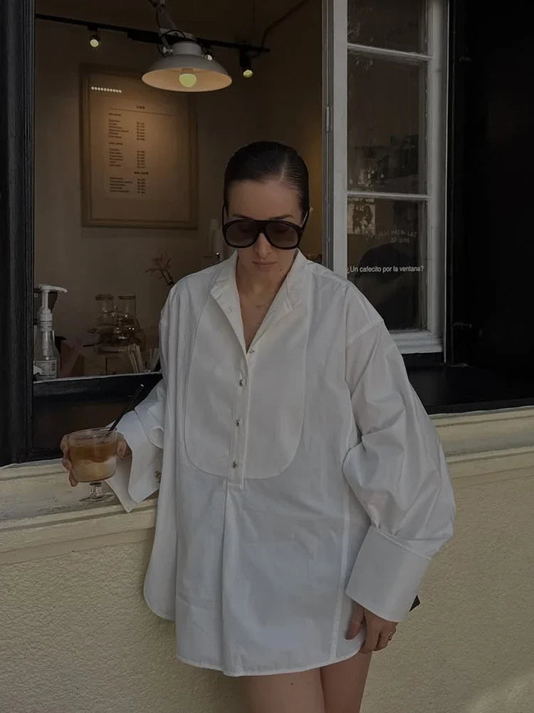 Oversize White Lapel Full Sleeve Side Split Blouse