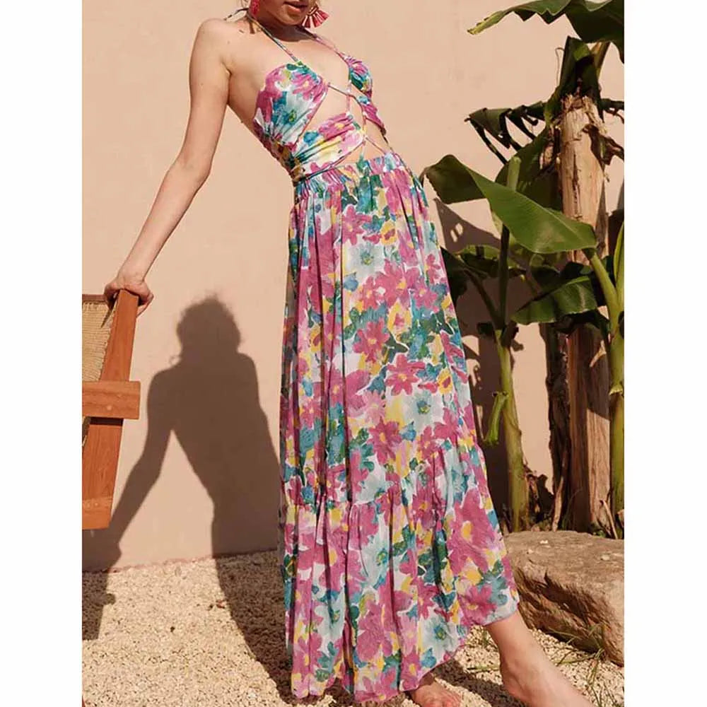 Printed Cutouts Tie One Piece Swimsuit