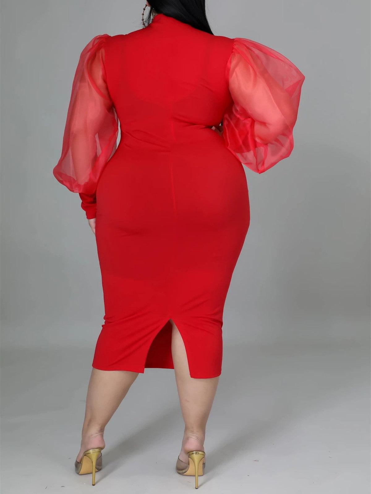 High Neck Puff Sleeve Bodycon Midi Dress 9