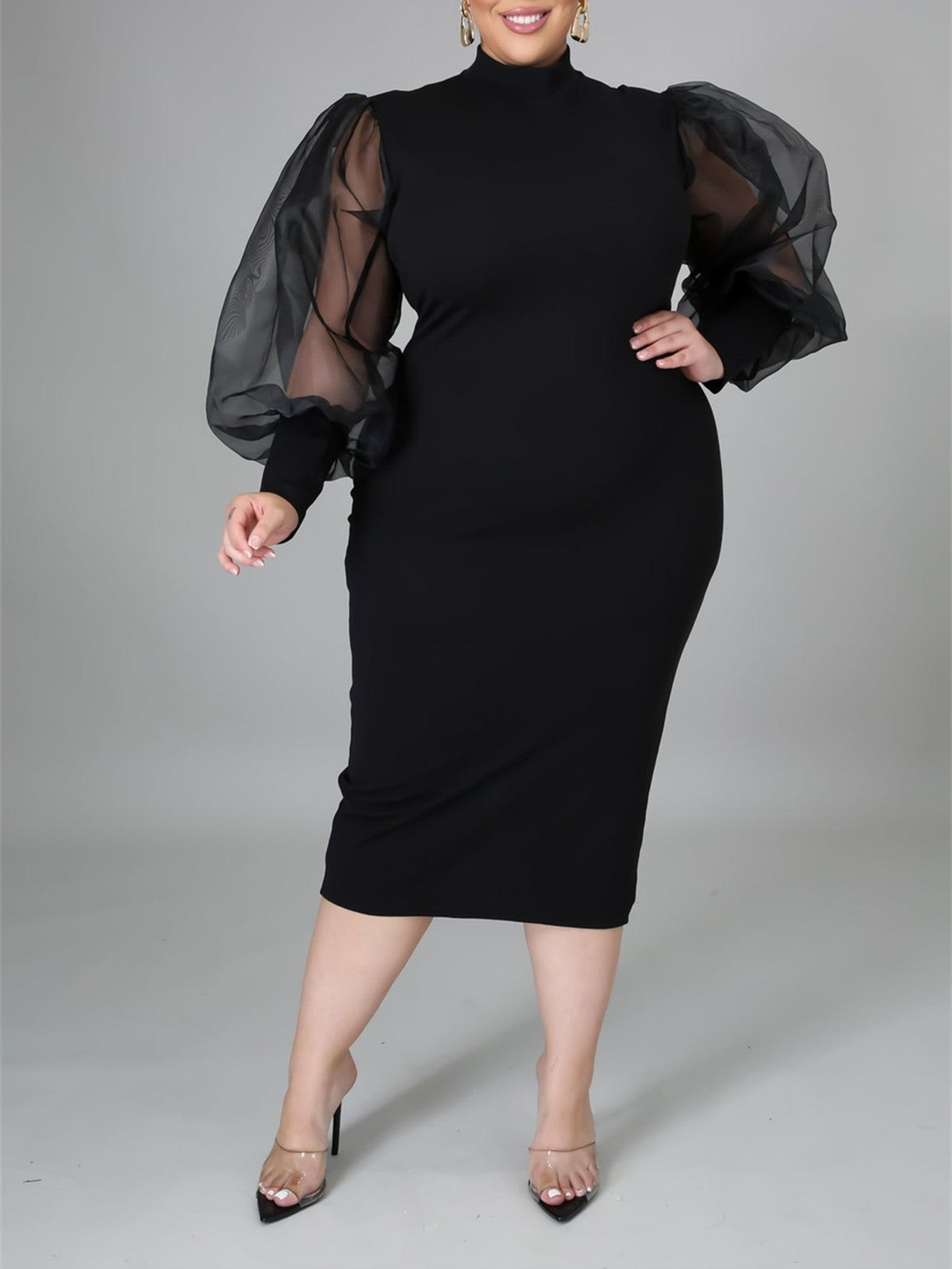 High Neck Puff Sleeve Bodycon Midi Dress 4