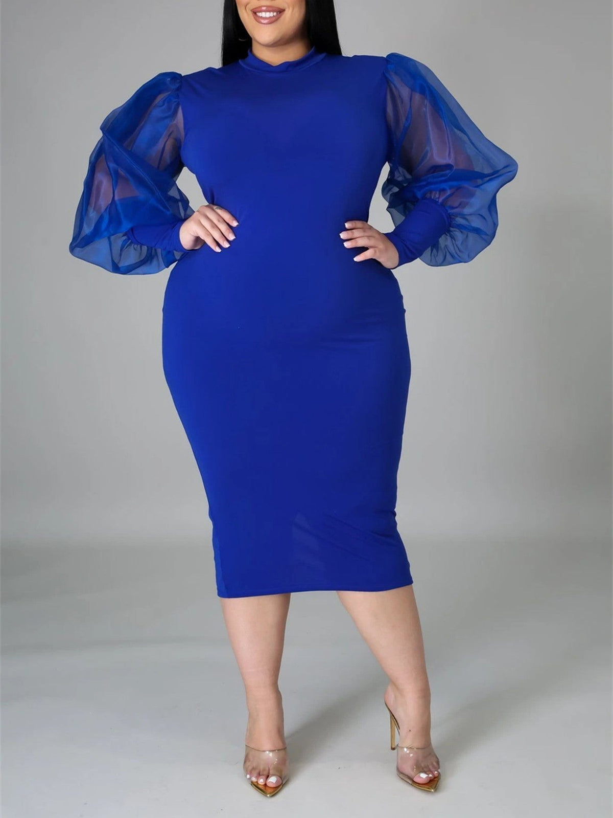 High Neck Puff Sleeve Bodycon Midi Dress 6