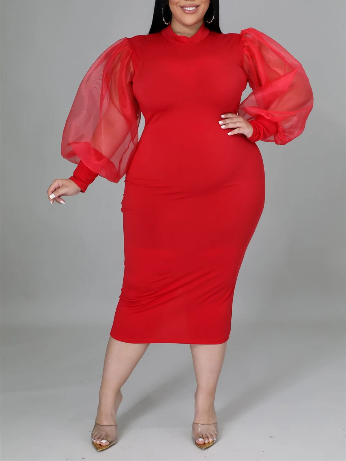 High Neck Puff Sleeve Bodycon Midi Dress 8
