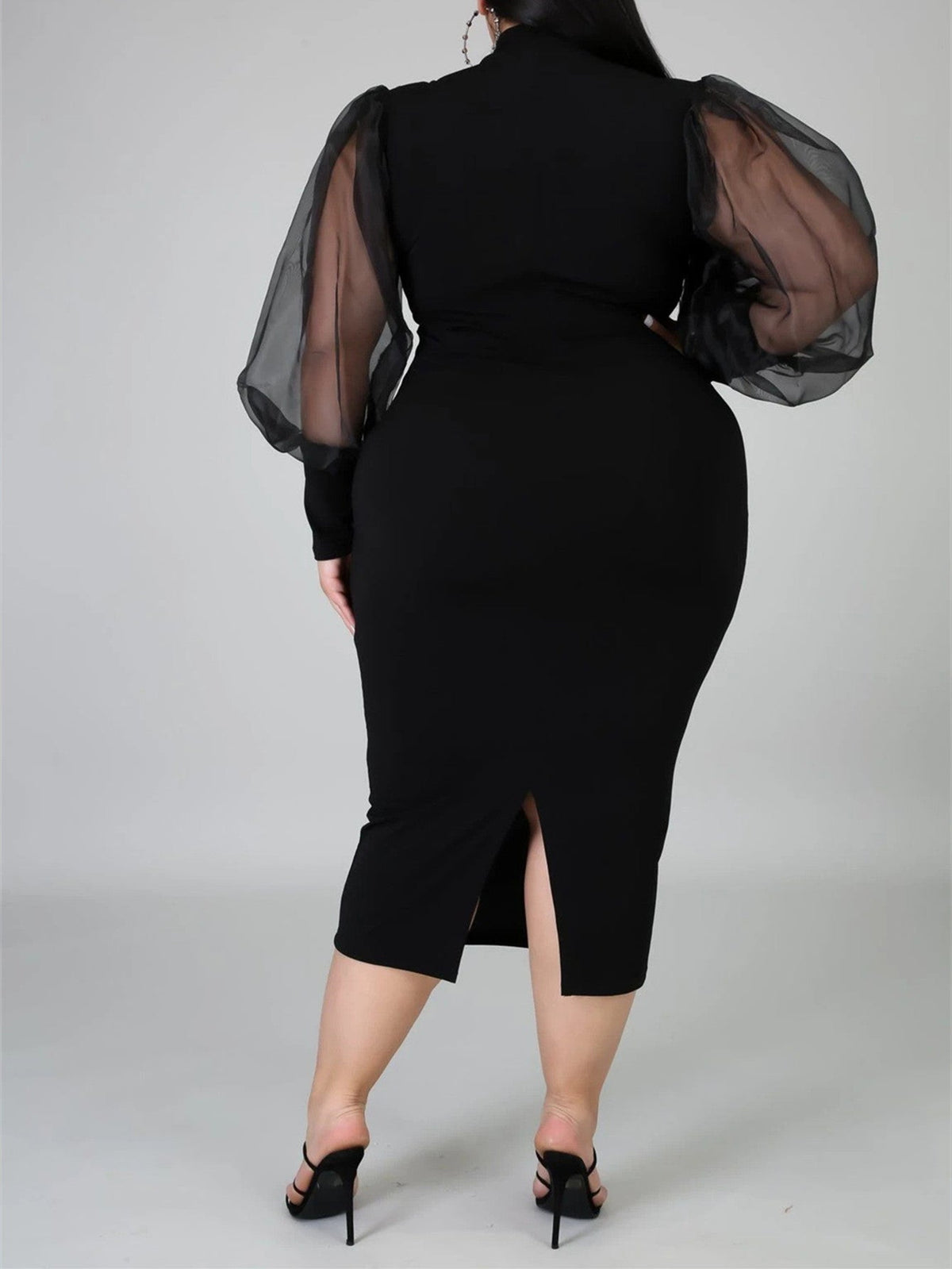 High Neck Puff Sleeve Bodycon Midi Dress 5