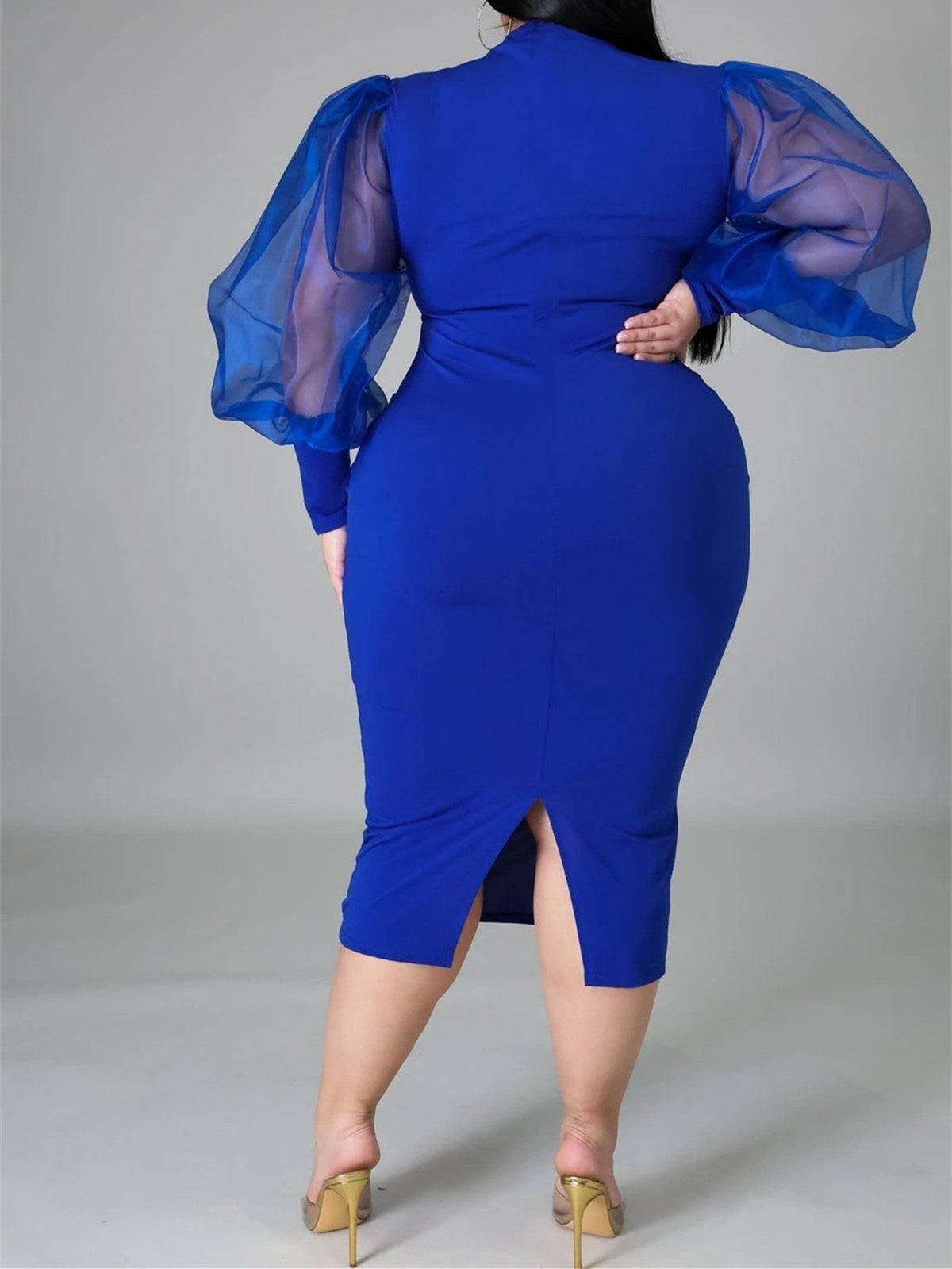 High Neck Puff Sleeve Bodycon Midi Dress 7