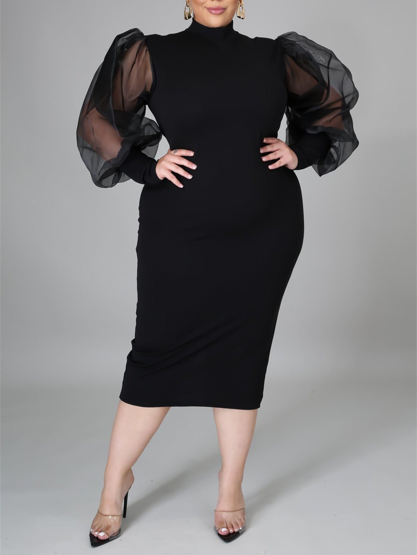 Fashion Puff Sleeve Plus Size Party Midi Dress - Fashionpara