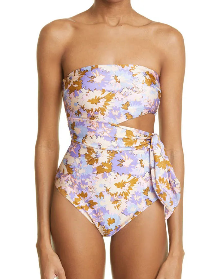 Purple Yellow Flower Print Wrap Bodice One Piece