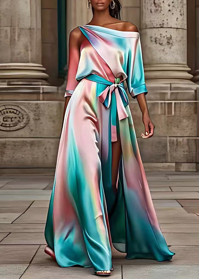Marble Print One Shoulder Wrap Tie Waist High Split Maxi Gown
