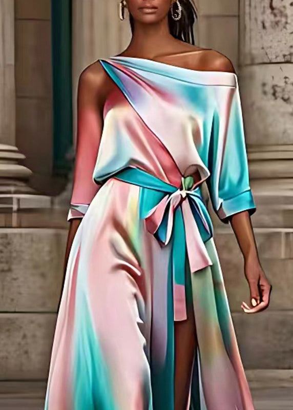 Marble Print One Shoulder Wrap Tie Waist High Split Maxi Gown - View 2