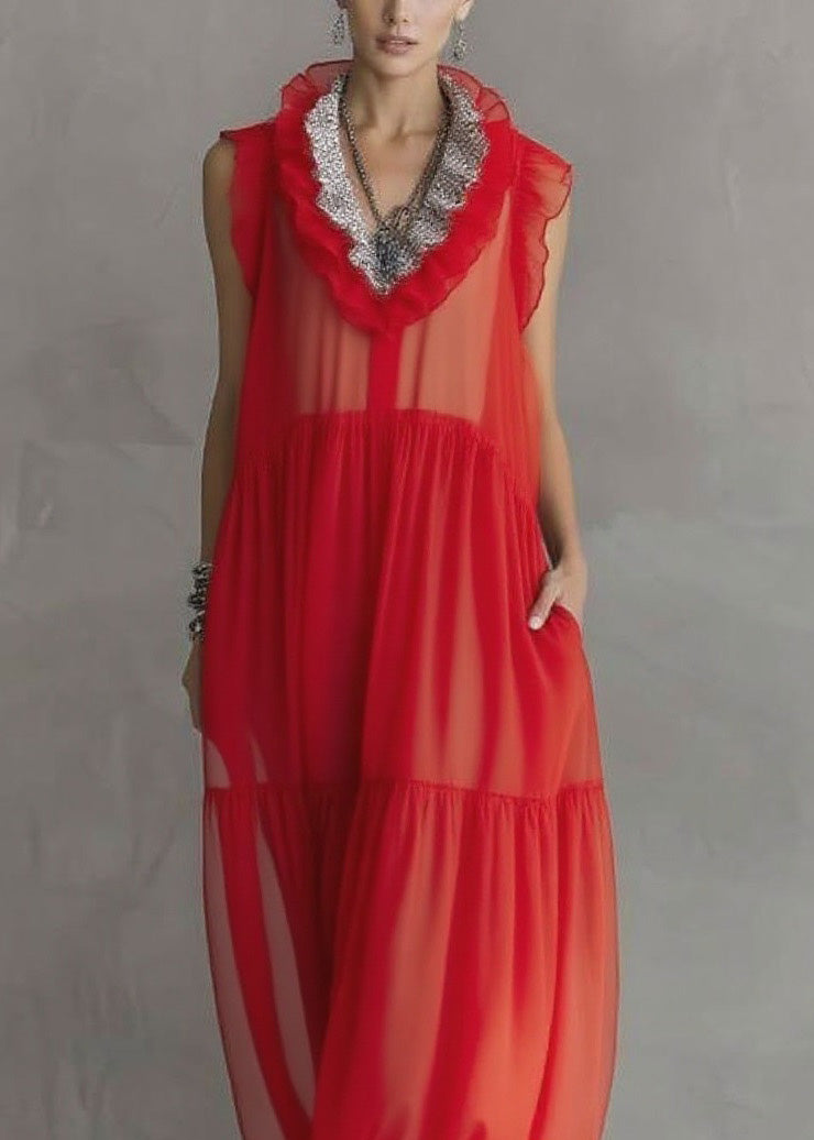 Fashion Red Ruffled Patchwork Chiffon Long Dress Sleeveless - View 2