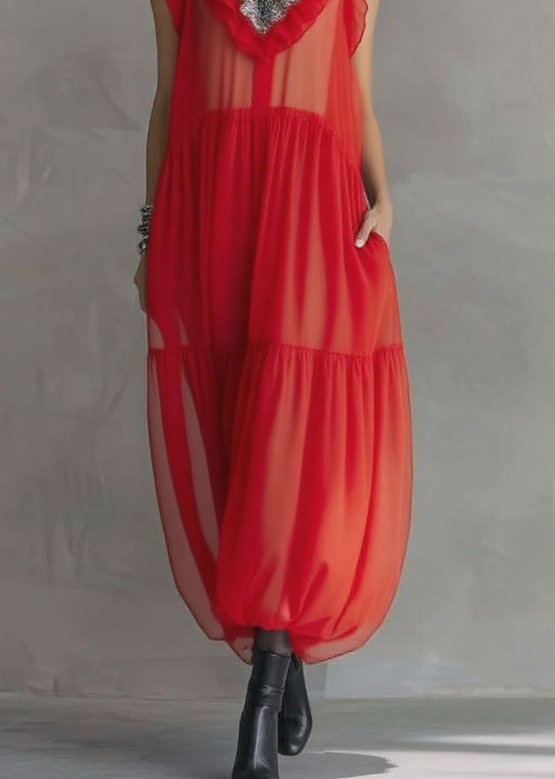 Fashion Red Ruffled Patchwork Chiffon Long Dress Sleeveless - View 4