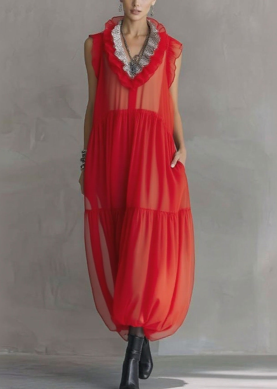Fashion Red Ruffled Patchwork Chiffon Long Dress Sleeveless - View 5