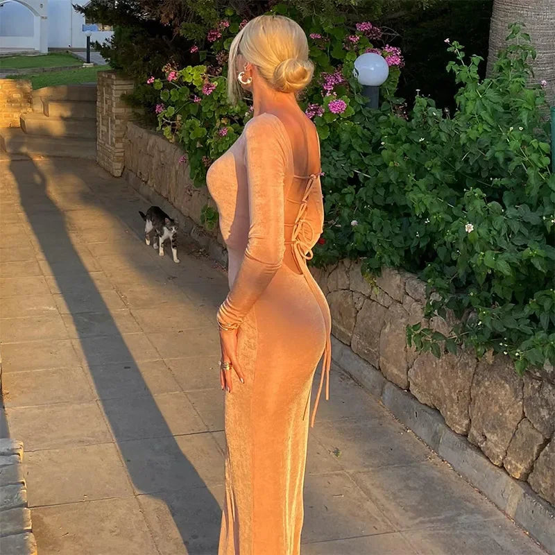 Boat Neck Long Sleeve Open Back Bodycon Maxi Dress