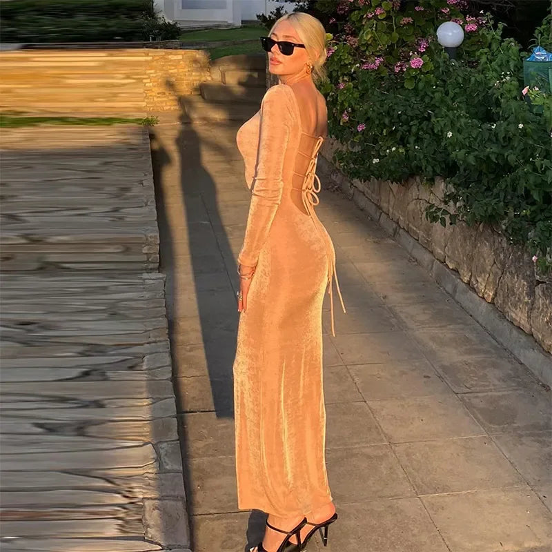 Knit Round-Neck Long-Sleeve Backless Bodycon Maxi Dress 2