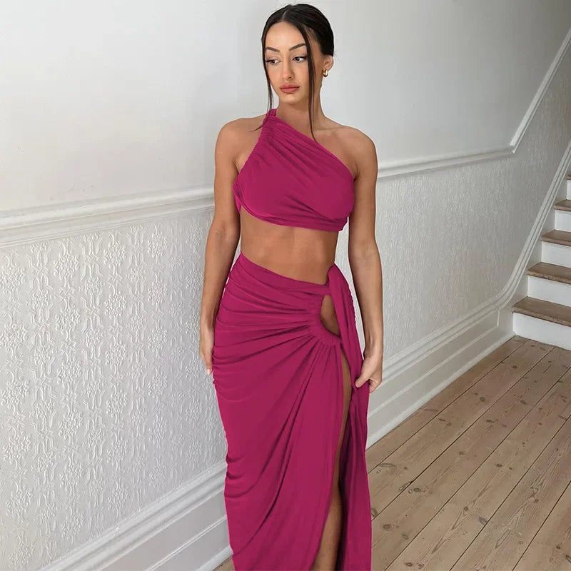 One Shoulder Ruched Cut Out High Slit Maxi Dress 4