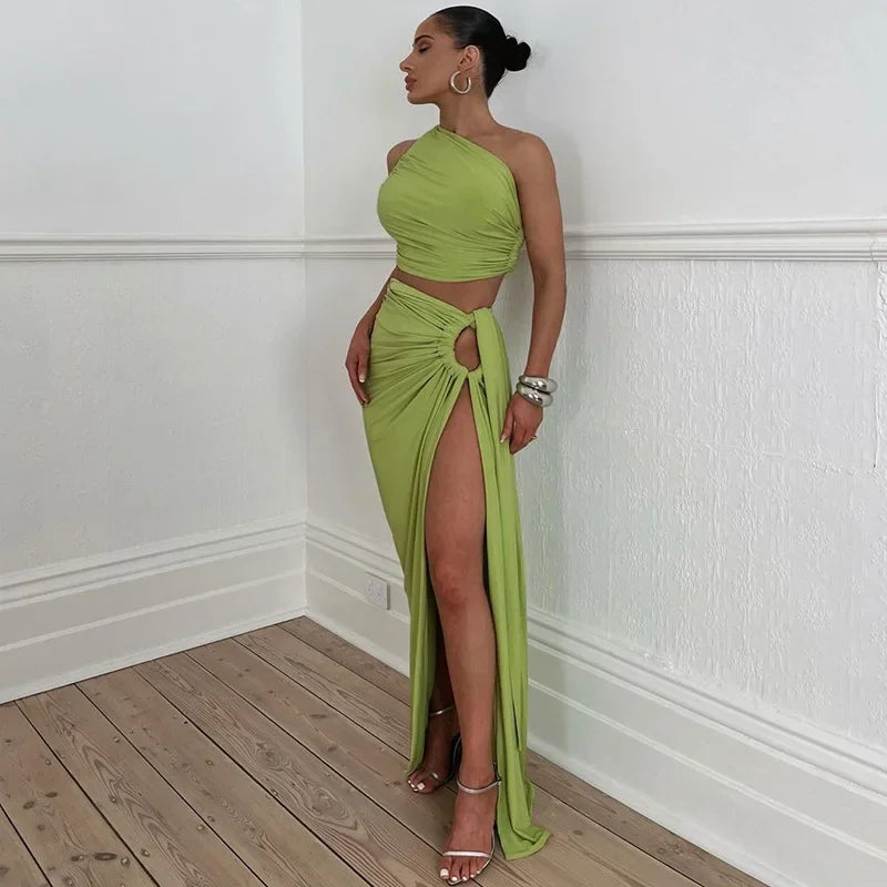 One Shoulder Ruched Cut Out High Slit Maxi Dress 6