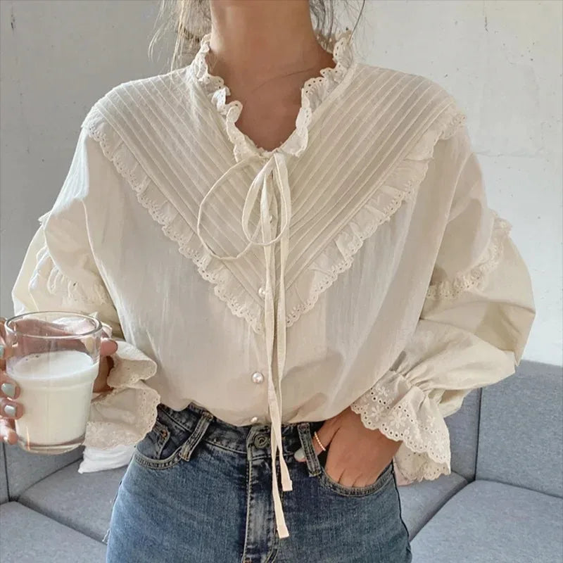 Ruffled Vintage Solid Long Sleeve Bow Blouse