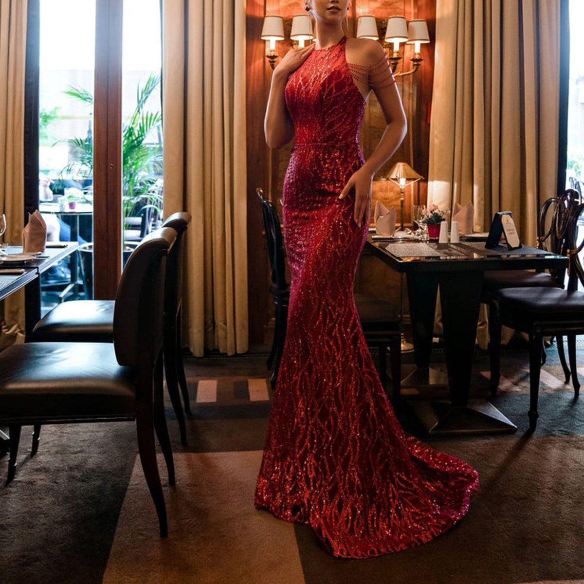 Sequin Halter Neck Beaded Sleeveless Mermaid Evening Gown - View 7