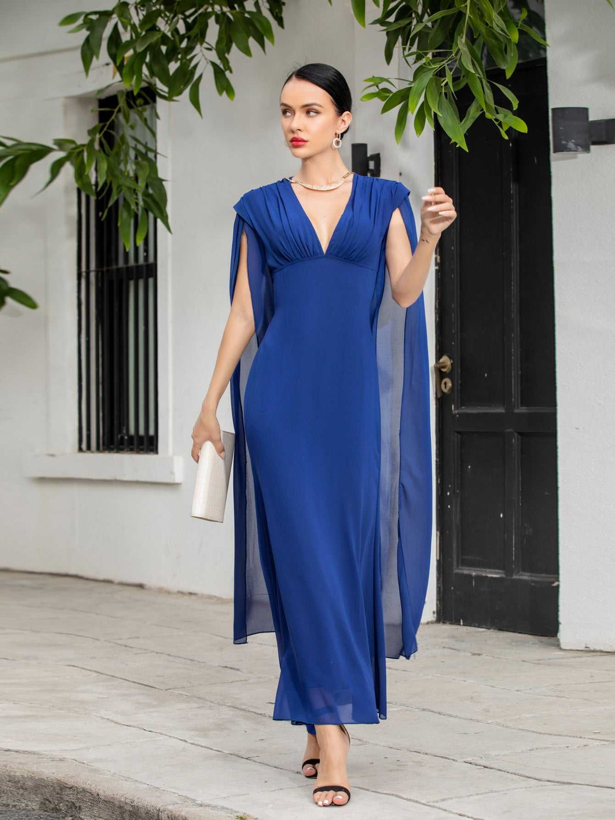 Deep V-Neck Empire Waist Sheer Cape Back Column Maxi Gown