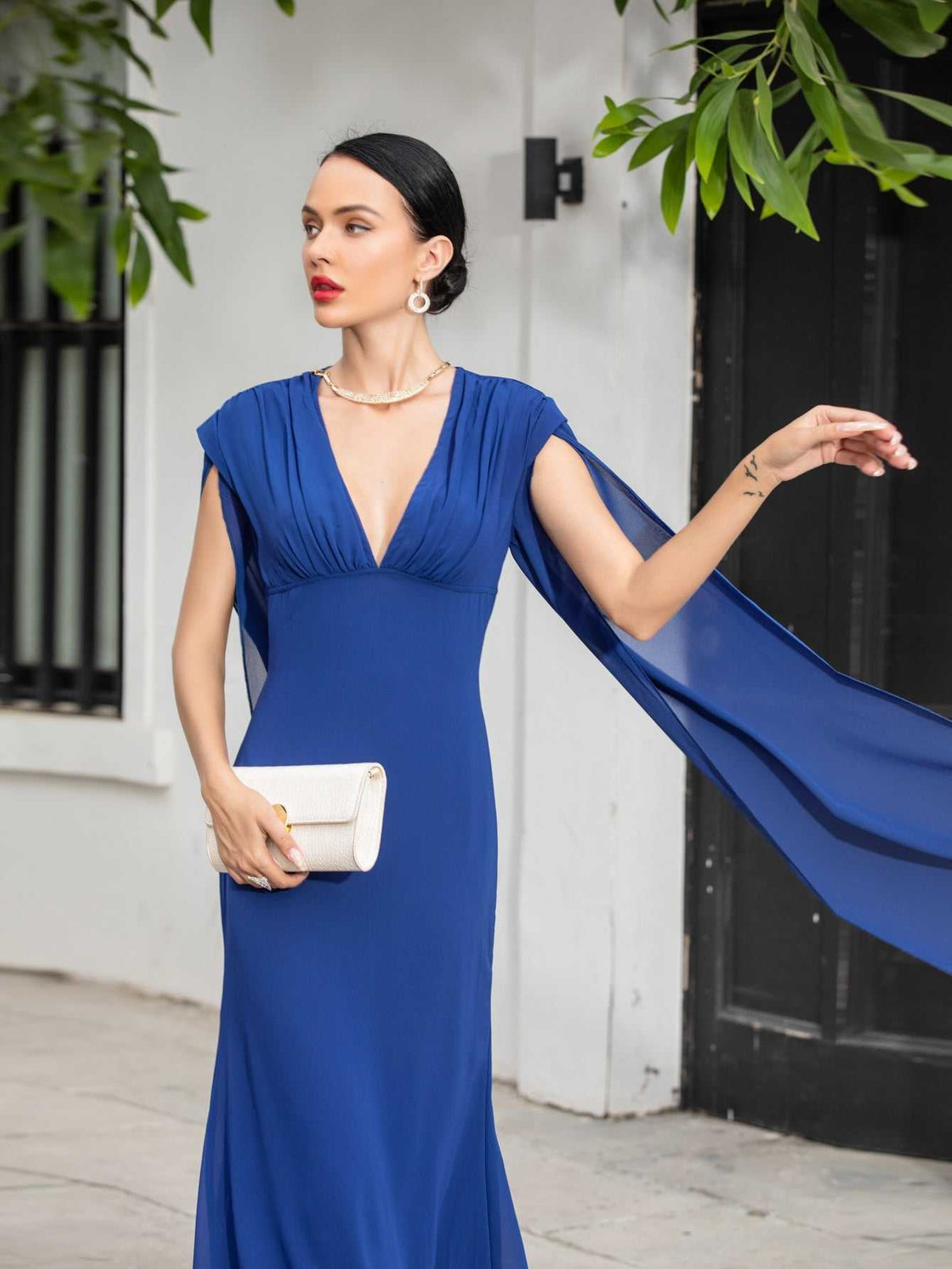 Deep V-Neck Empire Waist Sheer Cape Back Column Maxi Gown - View 4