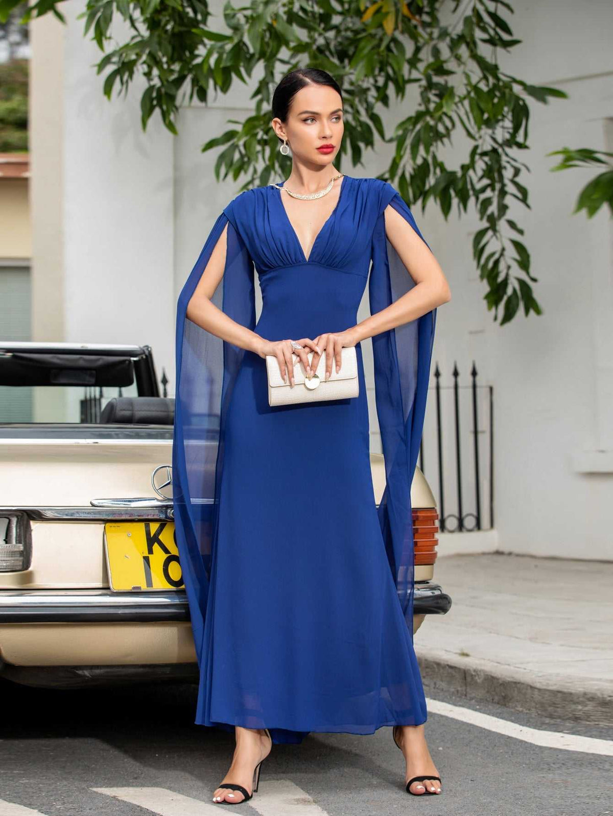 Deep V-Neck Empire Waist Sheer Cape Back Column Maxi Gown - View 6