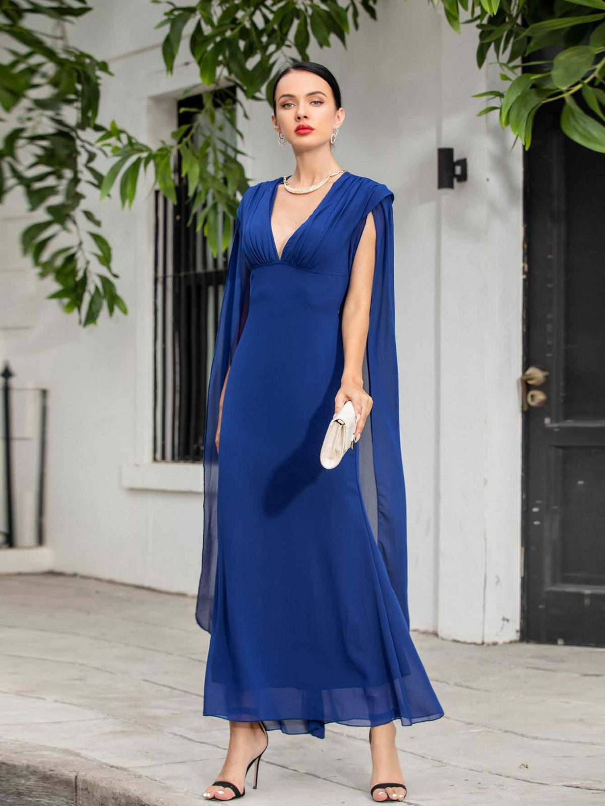 Deep V-Neck Empire Waist Sheer Cape Back Column Maxi Gown - View 5