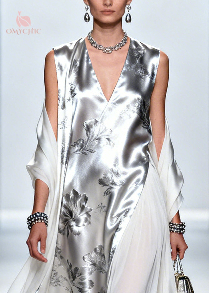 Metallic Floral Print Sleeveless V-Neck Sheer Drape Panel Maxi Gown - View 2