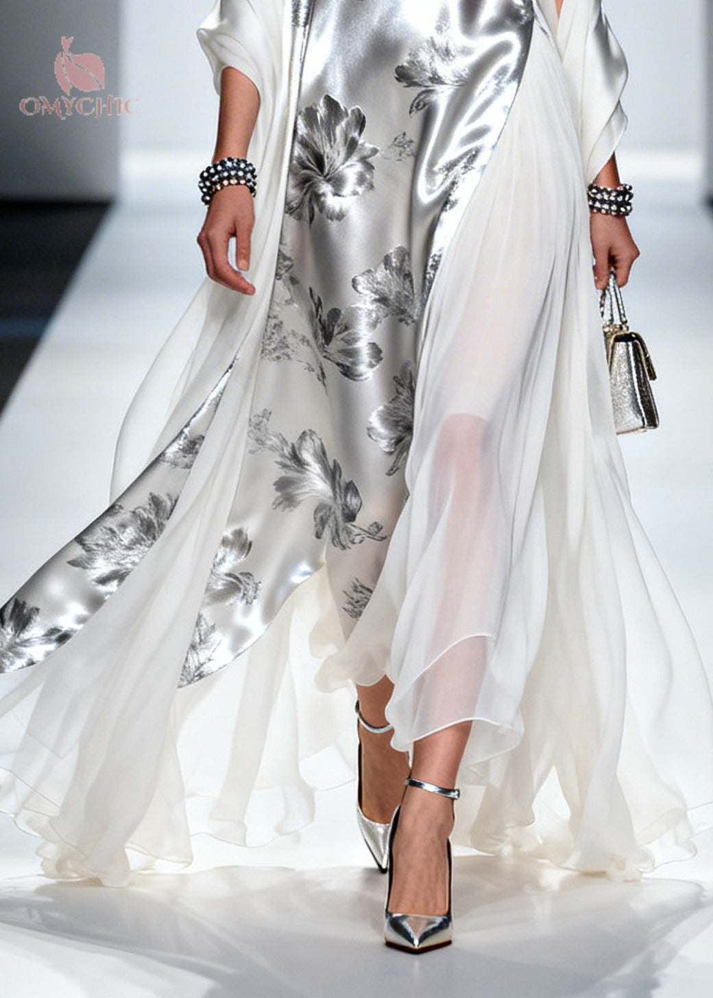Metallic Floral Print Sleeveless V-Neck Sheer Drape Panel Maxi Gown - View 4