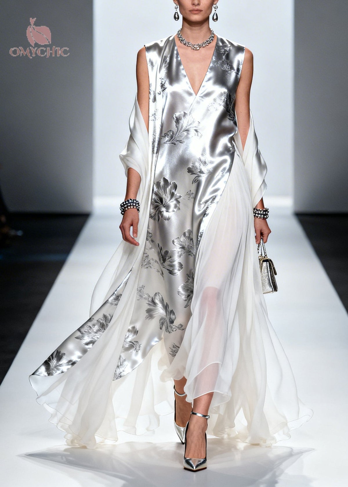 Metallic Floral Print Sleeveless V-Neck Sheer Drape Panel Maxi Gown - View 5