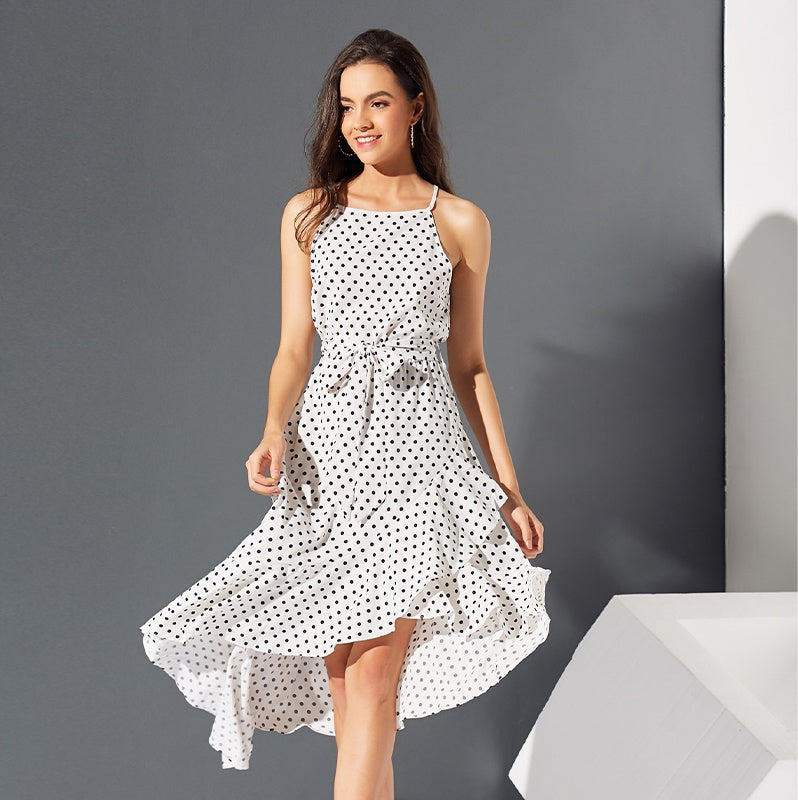 Polka Dot Square Neck Sleeveless Ruffle Midi Dress
