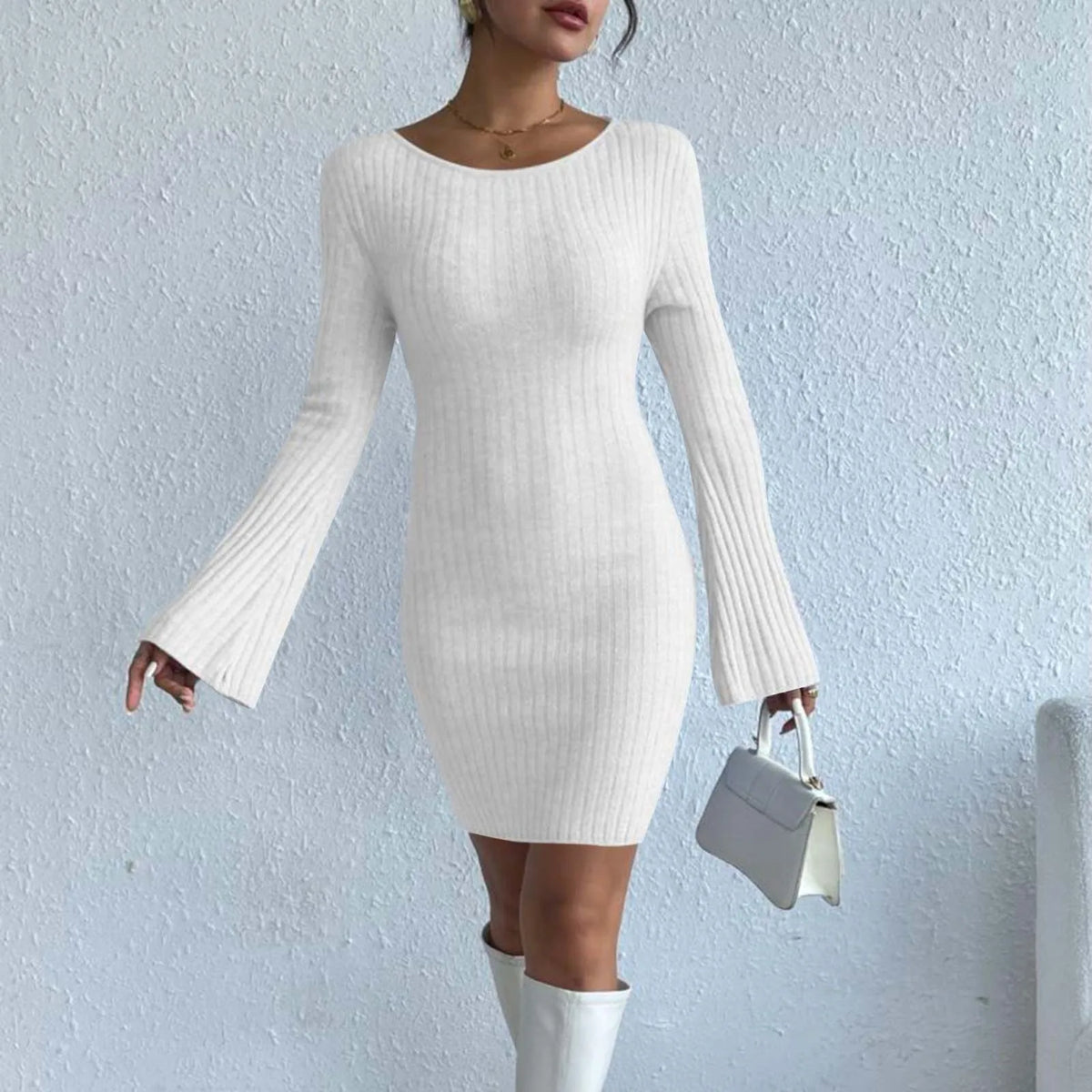 Solid Color Knitted Backless Bell Sleeves Mini Sweater Casual Slim Fit Short Dress