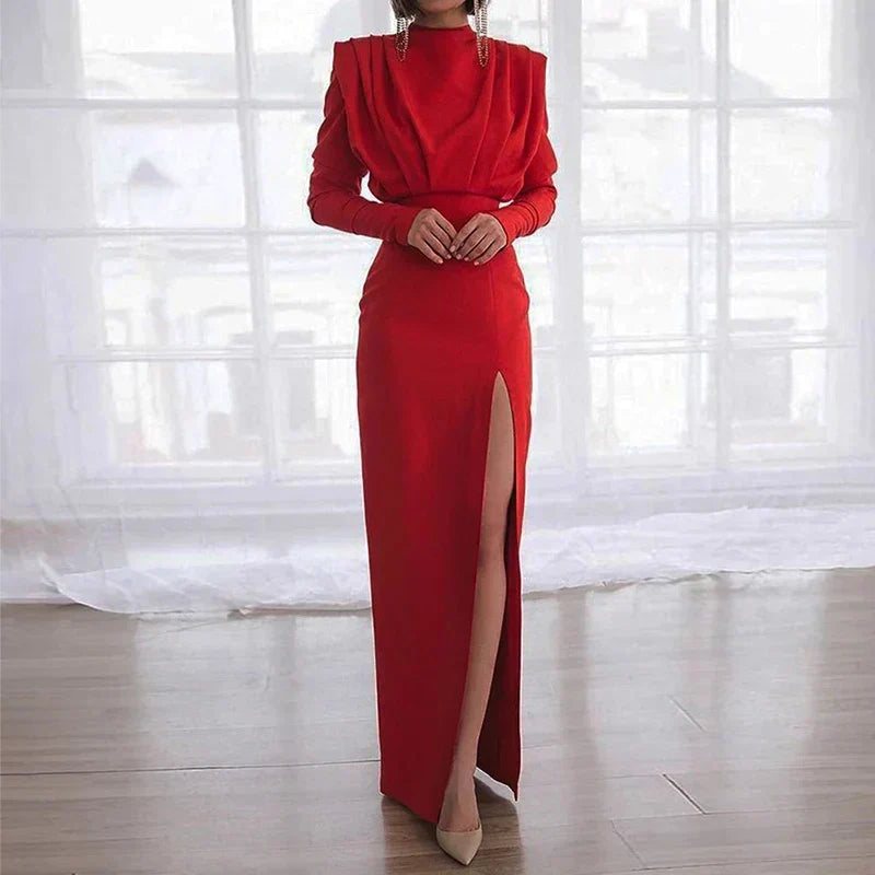 High Neck Long Sleeve High Slit Maxi Gown