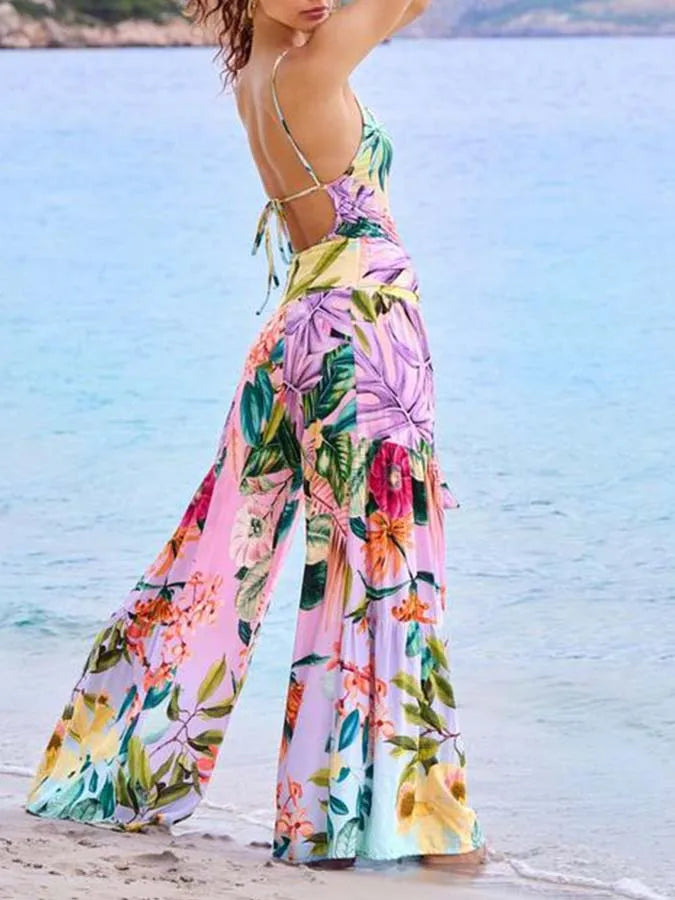 U-neck Print Swimsuit Long Pants One Piece