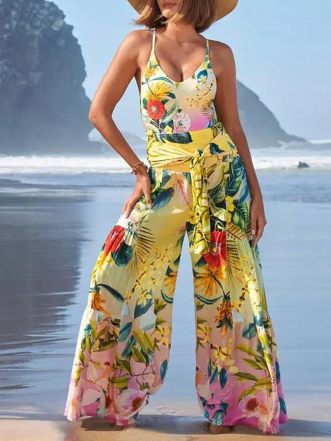 U-neck Print Swimsuit Long Pants One Piece