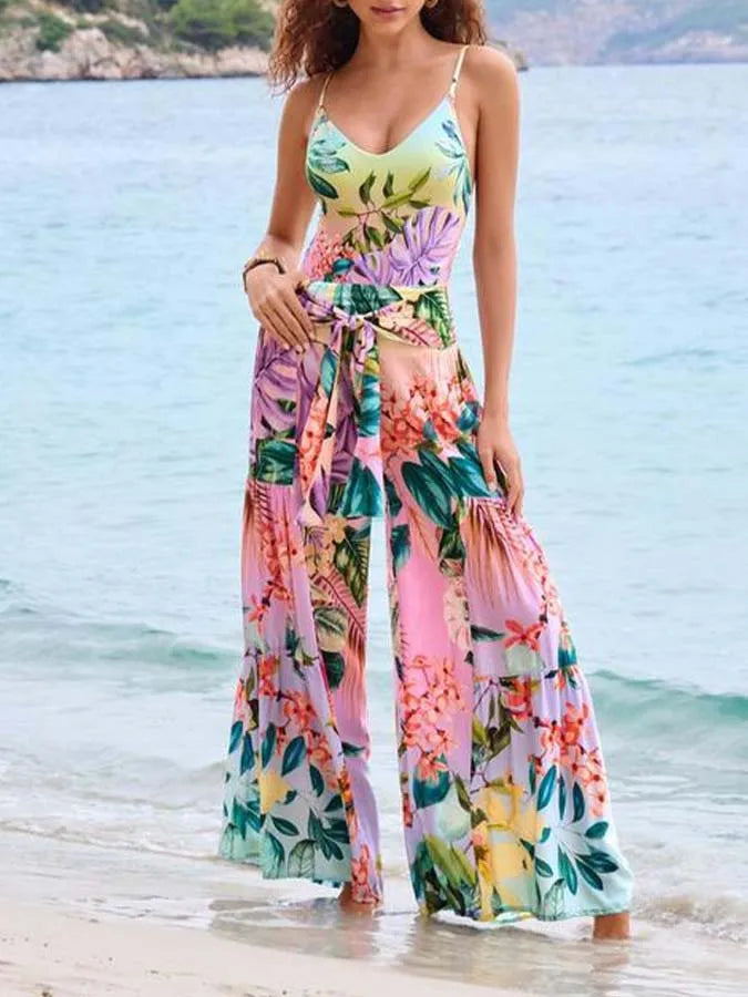 U-neck Print Swimsuit Long Pants One Piece