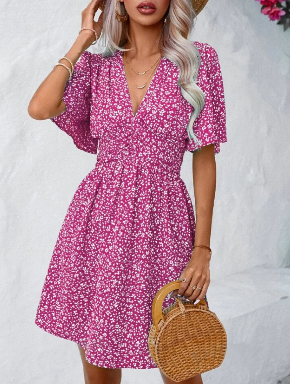 High Waisted V-neck Pleated Floral Dress