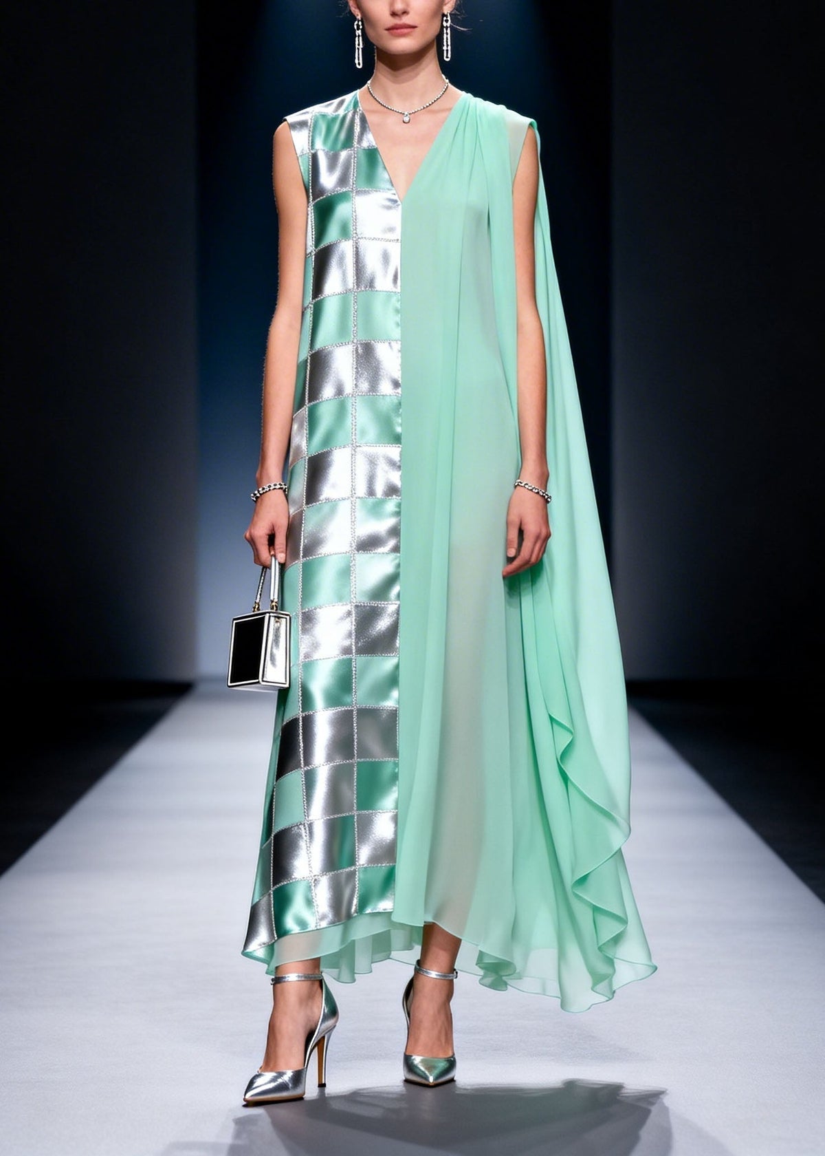 Chiffon Deep V-Neck Checkered Metallic Panel Sheer Cape Maxi Gown