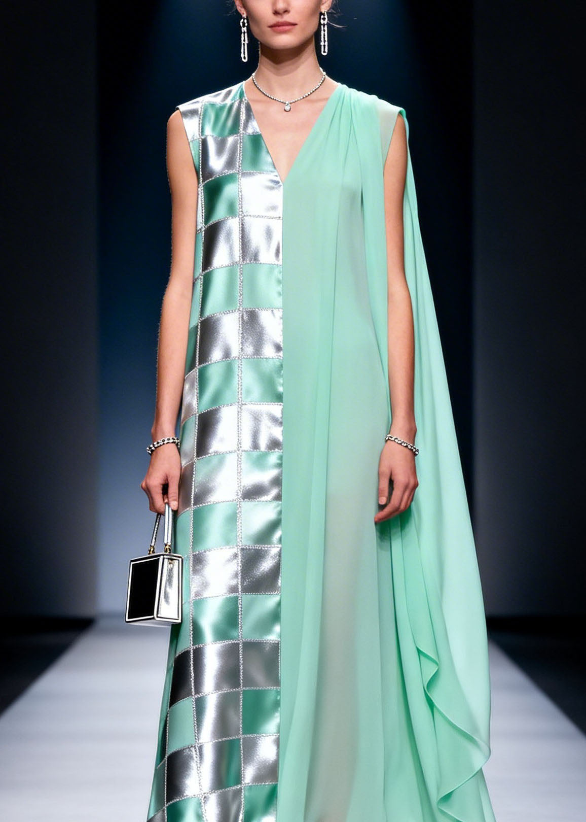 Chiffon Deep V-Neck Checkered Metallic Panel Sheer Cape Maxi Gown - View 2