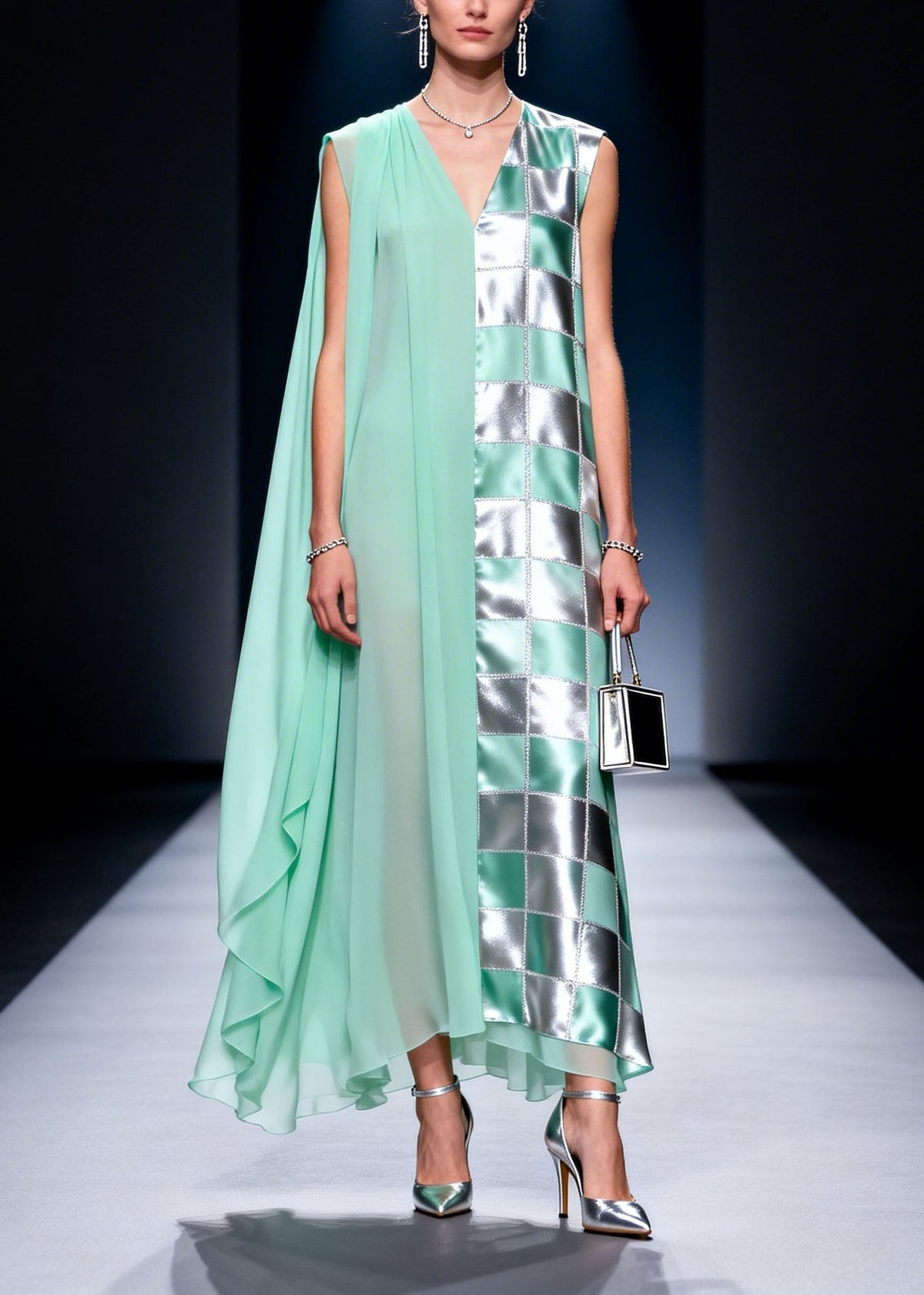 Chiffon Deep V-Neck Checkered Metallic Panel Sheer Cape Maxi Gown - View 3