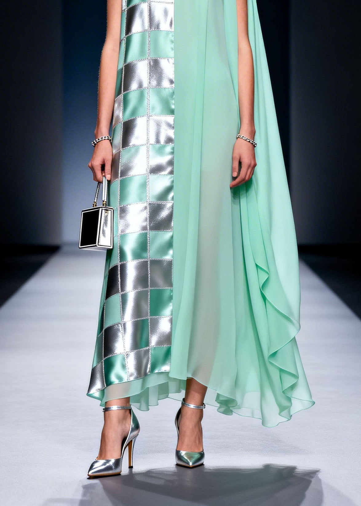 Chiffon Deep V-Neck Checkered Metallic Panel Sheer Cape Maxi Gown - View 4