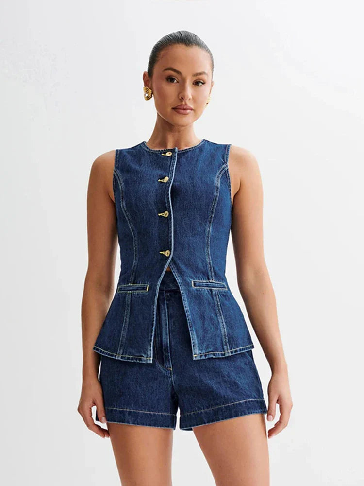 Denim O-neck Sleeveless Shorts Office Two Piece Set