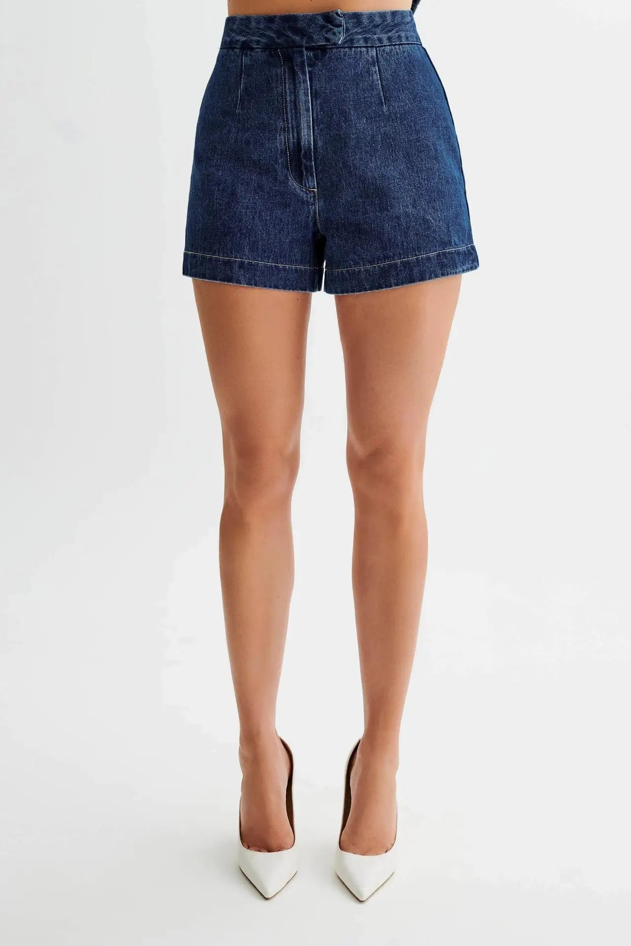 Denim O-neck Sleeveless Shorts Office Two Piece Set
