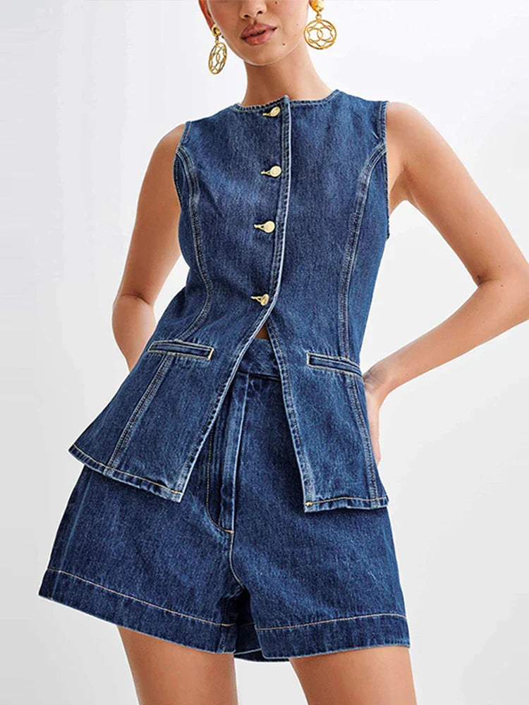Denim O-neck Sleeveless Shorts Office Two Piece Set