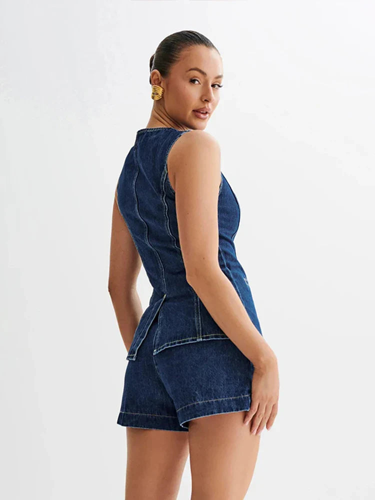Denim O-neck Sleeveless Shorts Office Two Piece Set